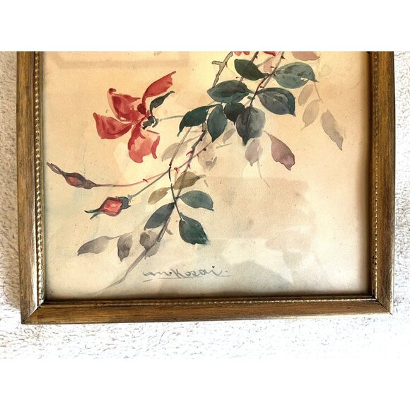 Antique Signed Asian Floral Watercolor Painting Gold Tone Framed‎ 13"x8-1/2" - Picture 4 of 7